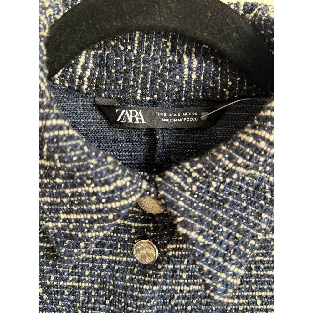 Zara Short Sleeve Collared Ruffle Hem Button-Up Tweed Mini Dress Navy White S - Picture 7 of 10